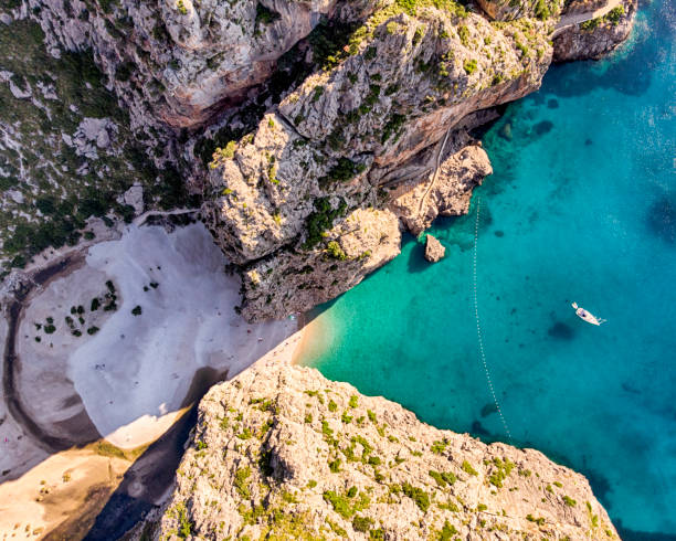 Aerial view of Sa Calobra beach in Mallorca Aerial view of Sa Calobra beach in Mallorca - Spain majorca stock pictures, royalty-free photos & images