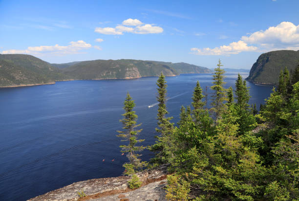Aerial view of Saguenay Fjord in Quebec stock photo