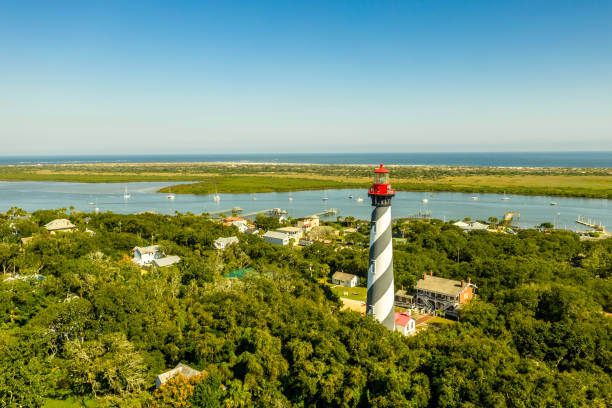 Aerial view of Saint Augustine Lighthouse at Anastasia Island in Florida stock photo