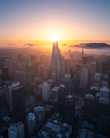 Aerial View of San Francisco Skyline at Sunset, California, USA