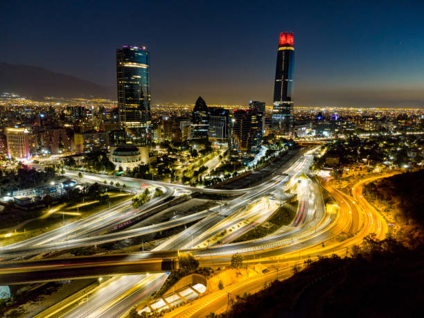 Aerial view of Santiago de Chile at night stock photo