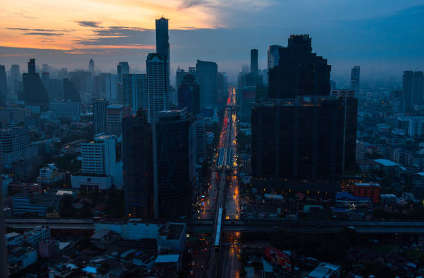 Aerial view of Sathron road in the morning seen in Bangkok, Thailand. stock photo