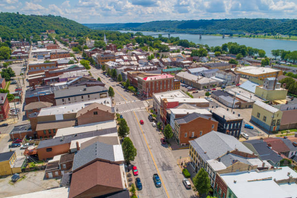 Aerial View of Scenic Madison Indiana and Ohio River Aerial View of Scenic Madison Indiana and Ohio River small town america stock pictures, royalty-free photos & images