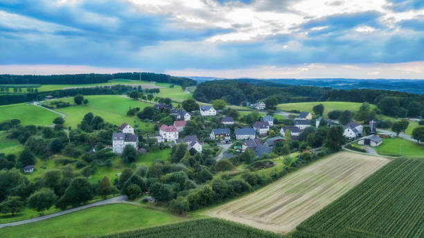 Aerial view of Schemmerhausen, a small village in the county of Reichshof in Germany. stock photo