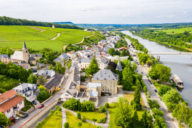 Aerial view of Schengen town center over River Moselle, Luxembourg, the place where Schengen Agreement signed, the birthplace of a Europe without borders. Tripoint of borders with Germany and France stock photo