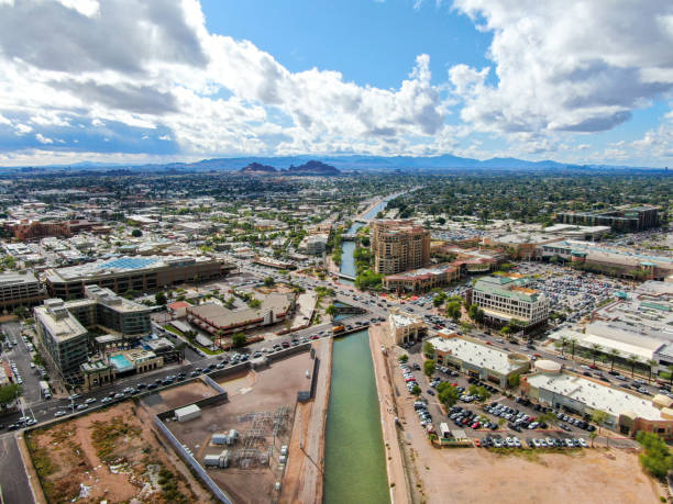 Aerial view of Scottsdale city with small river Aerial view of Scottsdale city with small river, desert city in Arizona east of state capital Phoenix. Downtown's Old Town Scottsdale old town stock pictures, royalty-free photos & images