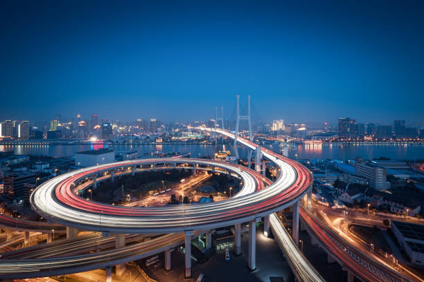 Aerial view of Shanghai Bridge at Night Bridge - Built Structure, Built Structure, Asia, China - East Asia, Nanpu Bridge overpass road stock pictures, royalty-free photos & images