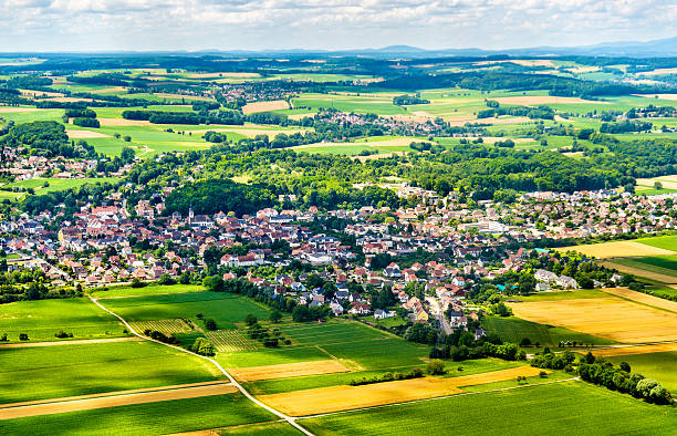 Aerial view of Sierentz village in Haut-Rhin - France Aerial view of Sierentz village in Haut-Rhin - Alsace, France lorraine stock pictures, royalty-free photos & images
