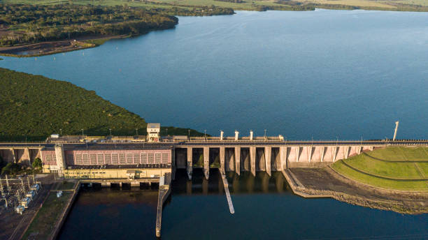 Aerial view of small hydroelectric plant on the tiete river stock photo