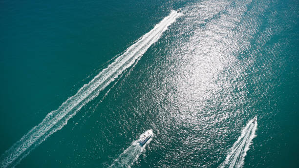 Aerial view of speed boat in motion. stock photo
