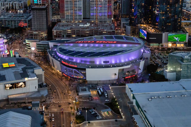 Aerial view of Staples Center in downtown Los Angeles stock photo
