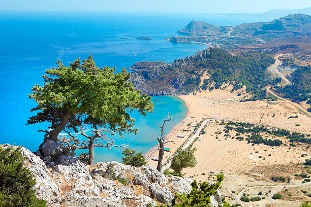 veduta aerea della spiaggia all'isola di rodi stegna in grecia - rodi foto e immagini stock