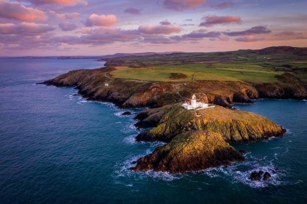 Aerial view of Strumble Head Lighthouse stock photo