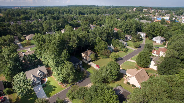 Aerial view of suburban houses in southern United States stock photo