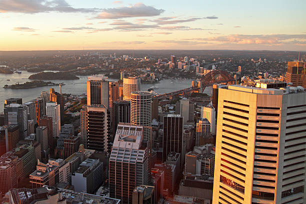 Aerial view of Sydney during sunset stock photo