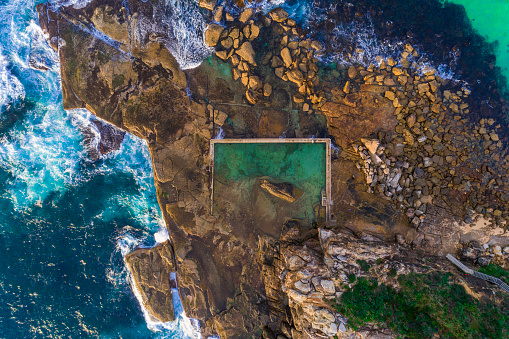 Aerial view of Sydneys Curl Curl Rock pool, Northern Beaches