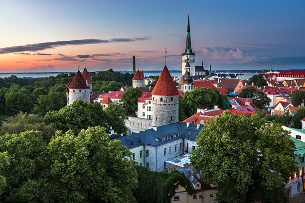 Aerial View of Tallinn Old Town from Toompea Hill Aerial View of Tallinn Old Town from Toompea Hill in the Evening, Tallinn, Estonia estonia stock pictures, royalty-free photos & images