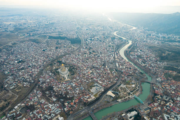 Aerial view of Tbilisi city center with churches and modern buildings stock photo