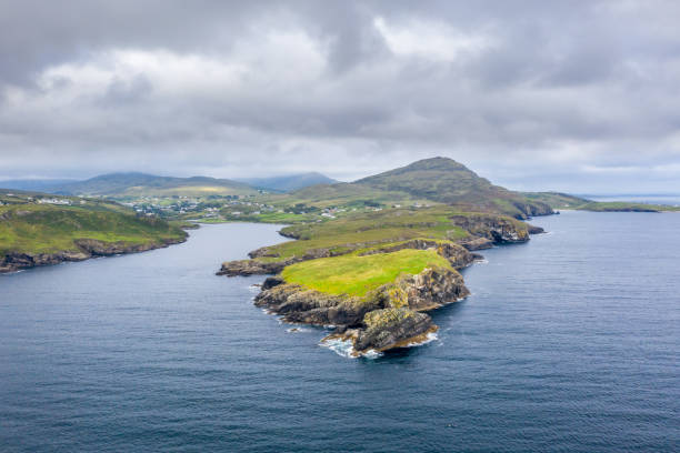 Aerial view of Teelin Bay in County Donegal on the Wild Atlantic Way in Ireland Aerial view of Teelin Bay in County Donegal on the Wild Atlantic Way in Ireland. county donegal stock pictures, royalty-free photos & images