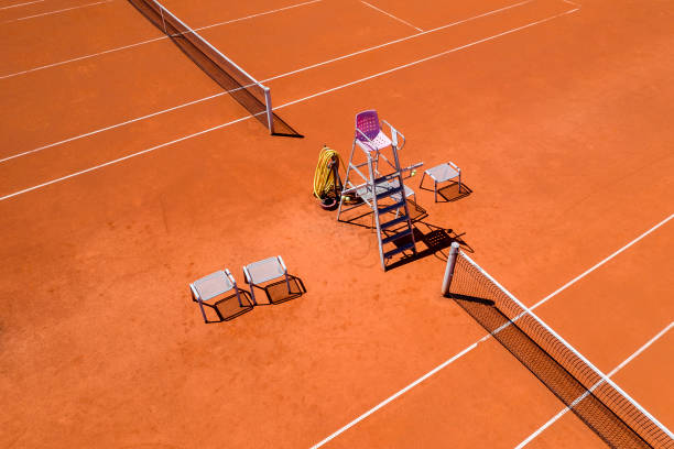 Aerial View of Tennis Court with Sports Equipment stock photo