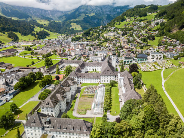 Aerial view of the Alps town Engelberg, which is a famous recreation area stock photo