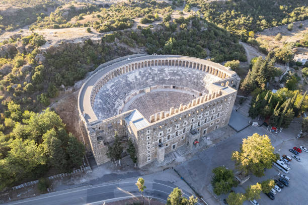 Aerial view of the ancient Aspendos amphitheater in Antalya stock photo