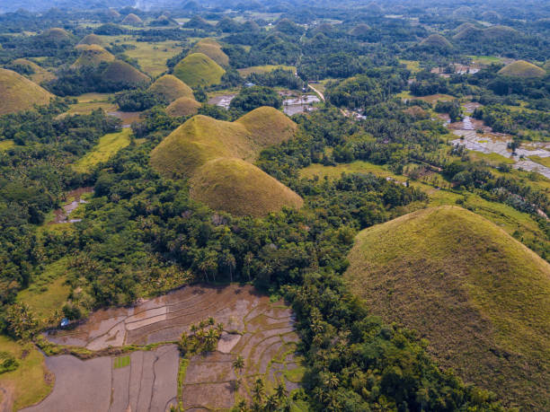 Aerial view of the Chocolate Hills on the island of Bohol, Philippines stock photo