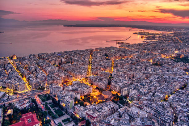 Aerial view of the city of Thessaloniki at sunset stock photo
