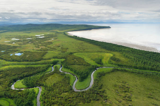 Aerial view of the coast of the sea of ​​Okhotsk. stock photo