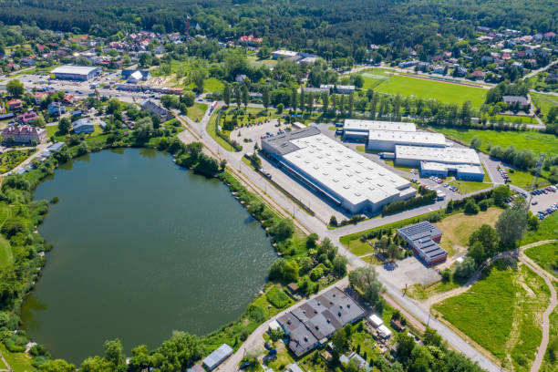 Aerial view of the distribution center, drone photography of the industrial logistic zone stock photo