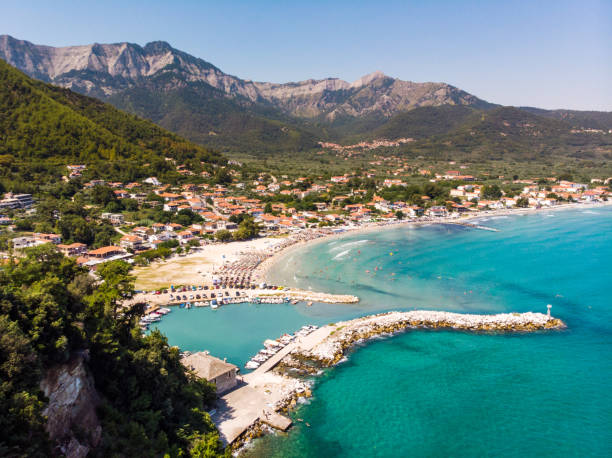 Aerial view of the Golden Beach in Thasos, Greece stock photo