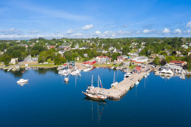 Aerial view of the harbour in Baddeck, Nova Scotia stock photo