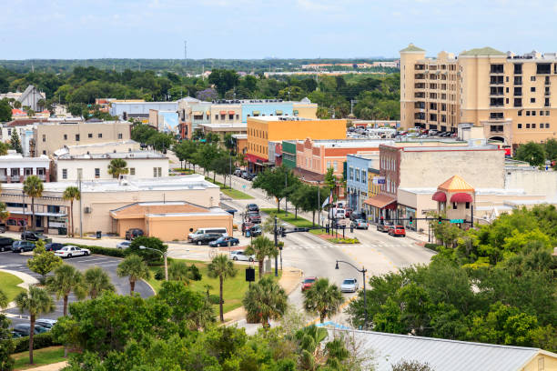 Aerial view of the historic downtown Kissimmee, Florida business district stock photo