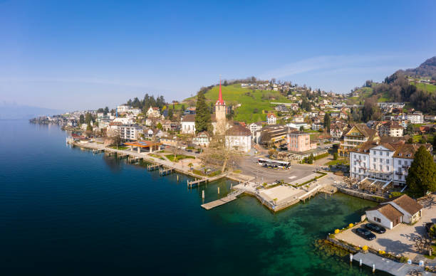 Aerial view of the idyllic Weggis town by lake Lucerne in Central Switzerland on a sunny spring day stock photo