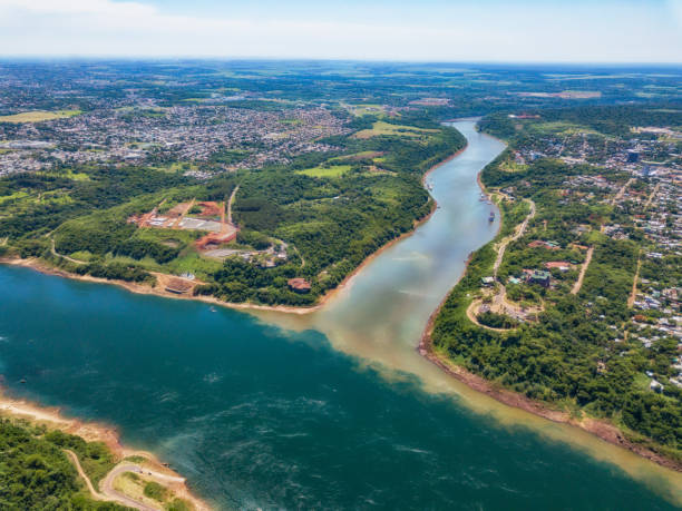Aerial view of the landmark of the three borders (hito tres fronteras), Paraguay, Brazil and Argentina in the Paraguayan city of Presidente Franco near Ciudad del Este. stock photo