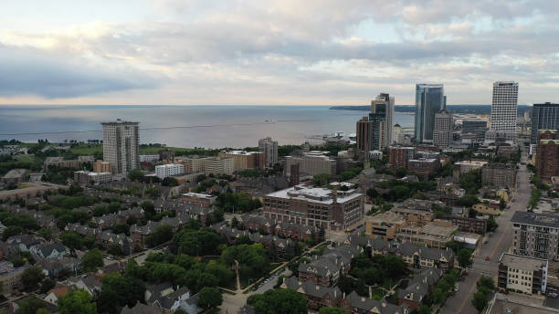 Aerial view of the Milwaukee skyline from the north side of the city, Michigan lake shoreline. Cloudy morning, summertime Aerial view of the Milwaukee skyline from the north side of the city, Michigan lake shoreline. Cloudy morning, summertime milwaukee shooting stock pictures, royalty-free photos & images