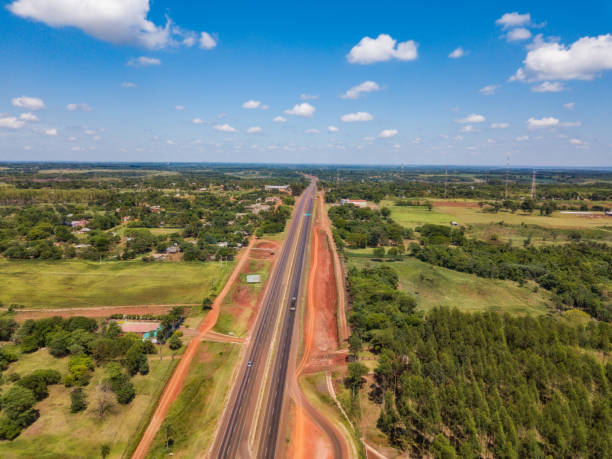 Aerial view of the new Route 7 (Ruta 7) from Caaguazu to Ciudad del Este in Paraguay, which has been expanded to four lanes. stock photo