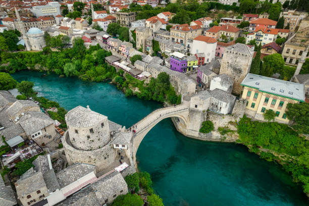 Aerial view of the old bridge of Mostar stock photo