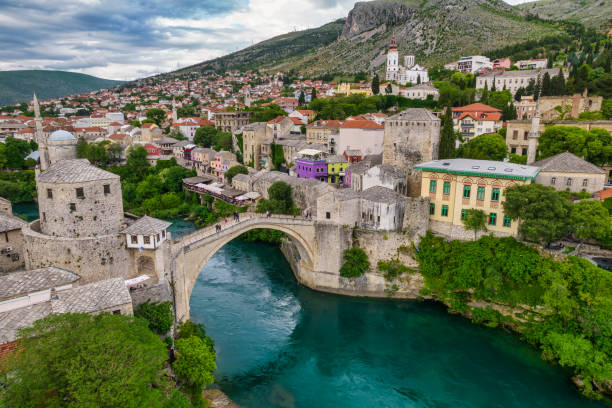 Aerial view of the old bridge of Mostar stock photo