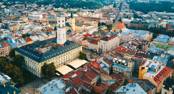 Aerial view of the Old Town of Lviv, Ukraine Cathedral, Church, City, Cityscape, Summer lviv photos stock pictures, royalty-free photos & images