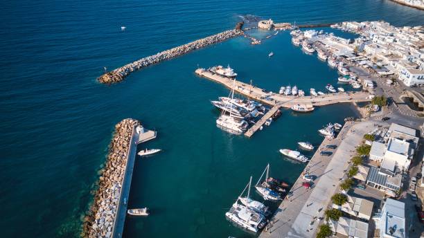 Aerial view of the pier with Paros island on a Naousa village stock photo