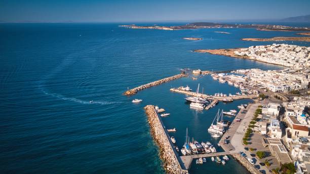 Aerial view of the pier with Paros island on a Naousa village stock photo