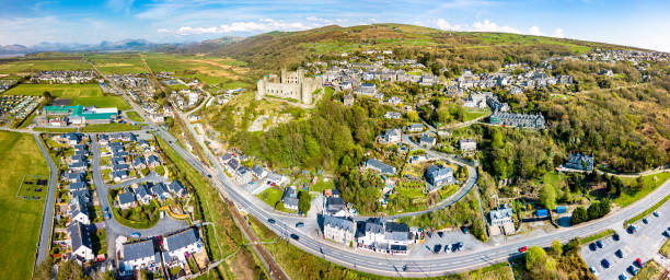 Aerial view of the skyline of Harlech with it's 12th century castle, Wales, United Kingdom stock photo