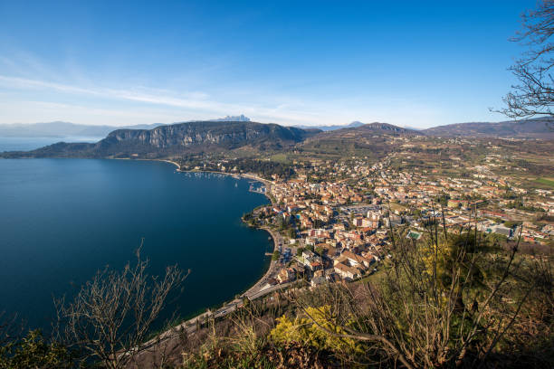 Aerial View of the Small Garda Town - Tourist Resort on the Coast of Lake Garda stock photo