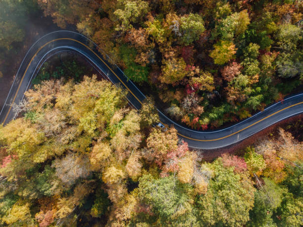 Aerial View of the Tail of the Dragon in the Fall Aerial View of the Tail of the Dragon road near the Tennessee and North Carolina border in the Smoky Mountains in the fall. north carolina us state stock pictures, royalty-free photos & images