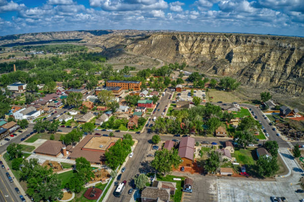 Aerial View of the Tourist Town of Medora, North Dakota outside of Theodore Roosevelt National Park Aerial View of the Tourist Town of Medora, North Dakota outside of Theodore Roosevelt National Park north dakota stock pictures, royalty-free photos & images