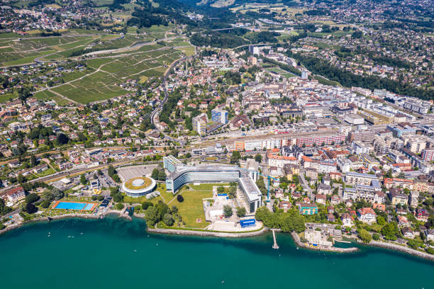 Aerial view of the Vevey town by lake Geneva in Canton Vaud in Switzerland stock photo
