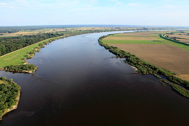 Aerial view of the Vistula river and cultivated fields stock photo