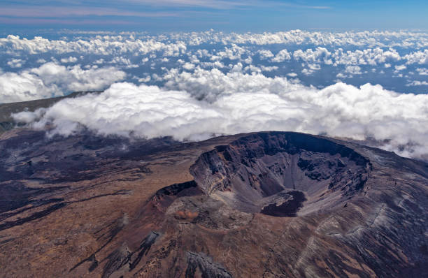 Aerial view of the volcano Piton de la Fournaise at island La Reunion stock photo