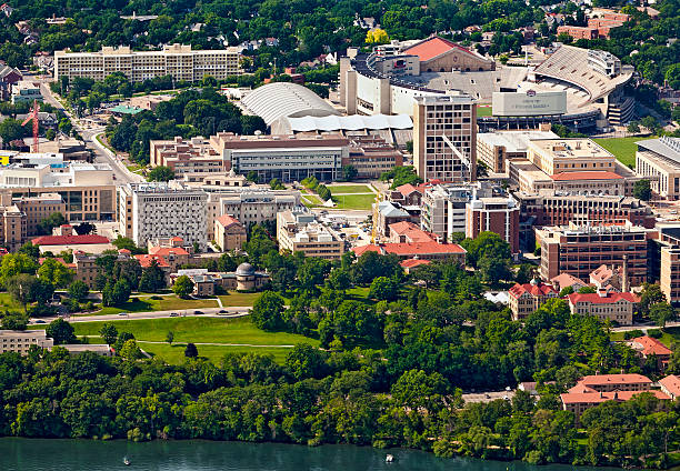 Aerial view of the west campus in Madison, Wisconsin stock photo
